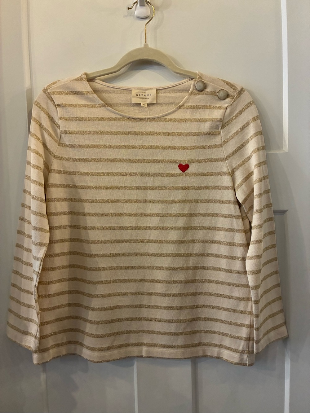Sezane Cream & Gold Striped Knit Top with Red Heart Detail